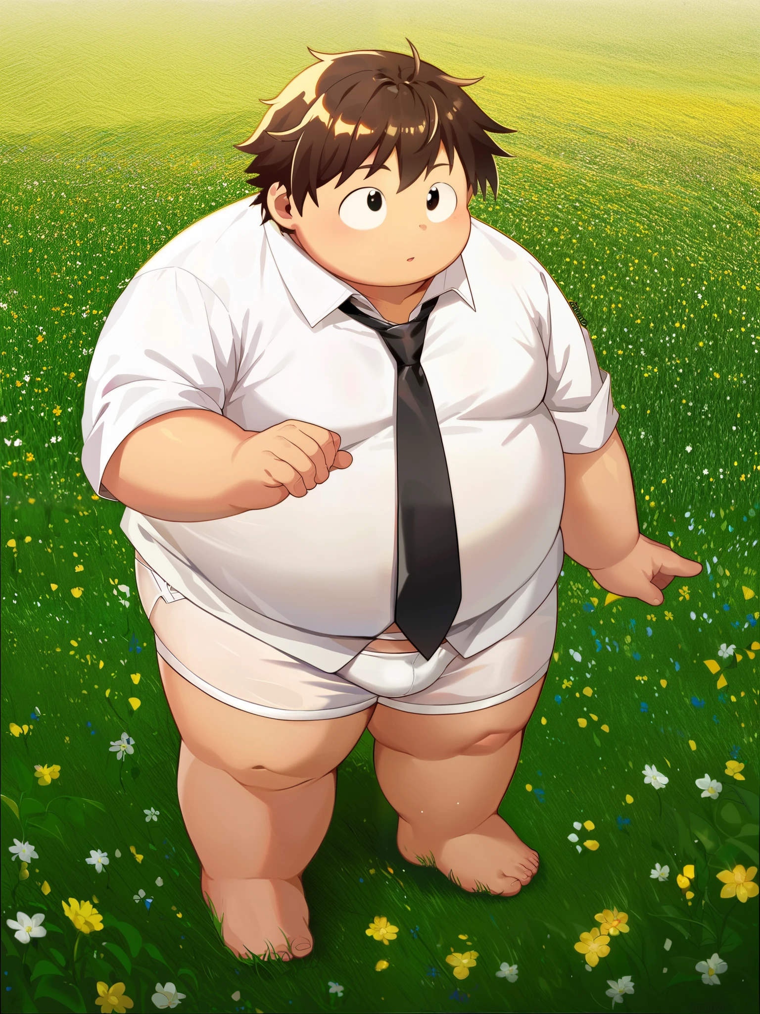 masterpiece,highest quality, 8K, 保健室のベッドにM字に足を広げて横たわるfat man性 , spread your legs, Otaku-like, short legs, bowl leg, barefoot, Completely naked,shy, embarrassed expression, Completely naked, fat man, Glasses, black haired man, round face, sweating, outside, difficult, NSFW, alone, Asian