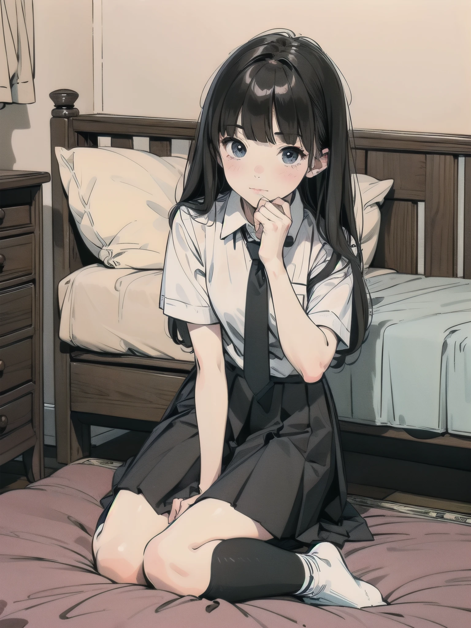 1girl, solo, long hair, looking at viewer, blush, bangs, skirt, shirt, black hair, sitting, closed mouth, school uniform, full body, white shirt, short sleeves, pleated skirt, necktie, socks, collared shirt, indoors, blunt bangs, black skirt, feet, lips, kneehighs, bed, on bed, no shoes, own hands together, black socks, black necktie