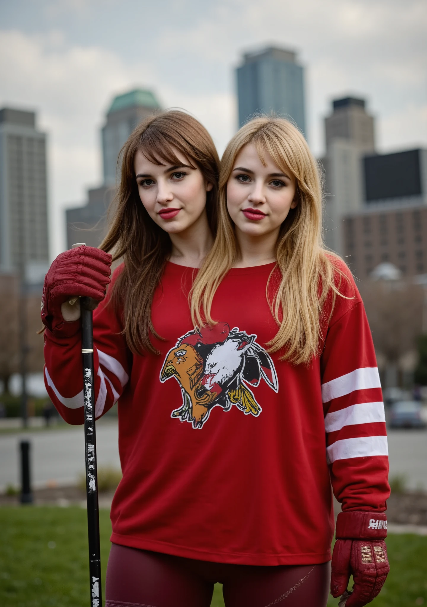 Two-headed ohwx, full body, wide shoulders, ((space between heads)), light makeup, one head with beautiful blonde hair, one head with pixie rainbow hair, one head wearing a beanie, (thick bangs:1.3), (messy shoulder length hair), woman, ((eyeliner, lipstick)), smiling, wearing oversized hockey jersey, yoga shorts, worn boots, standing ((beautiful two-headed woman)), ((small waist, toned stomach)), thicc, punk