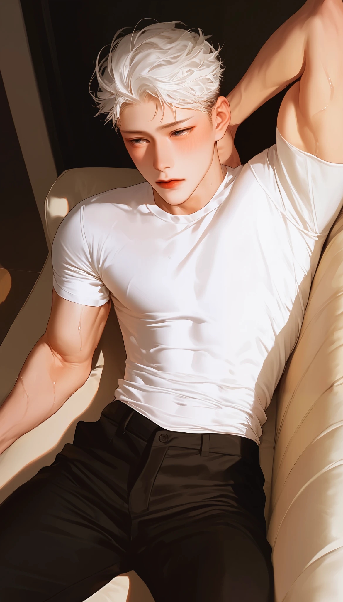 a male , from the room ,On the bed,fitness, sit-up position on a chair sofa,躺在On the bed,look up, Korean comic style , young and energetic, Good condition ,Very handsome oval face, white t-shirt,black pants, abdominal muscles, White Skin, Wet white Hairstyle ,blush, Charming Eyes , Very handsome, ((fully clothed))