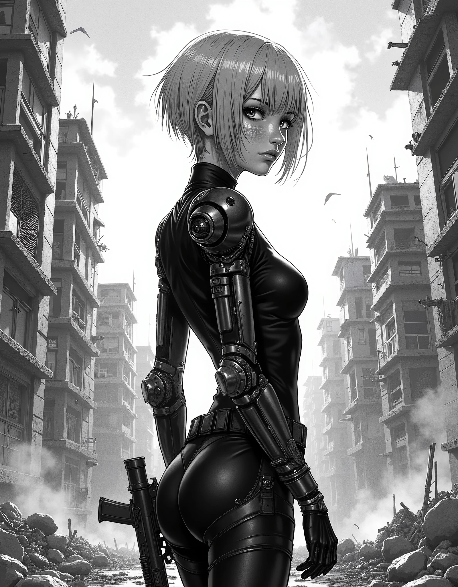 manga стиль,черно-белая manga, шикарная Russian girl с большими глазами и короткой стижкой пикси, ,slim sweet, thoughtful,big eyes, sexy,manga,realism,black and white image,рисованный стиль manga,милая girl,in short shorts and a,blond hair, sexy, skinny,girl,Russian ,wet skin and hair , manga стиль ,her right arm and left leg are knee-deep mechanical(top half cyborg robot),girl,fighter,cram on her cheek), against the background of the destroyed city, standing looking at the sun, gun in a cabur on her belt,