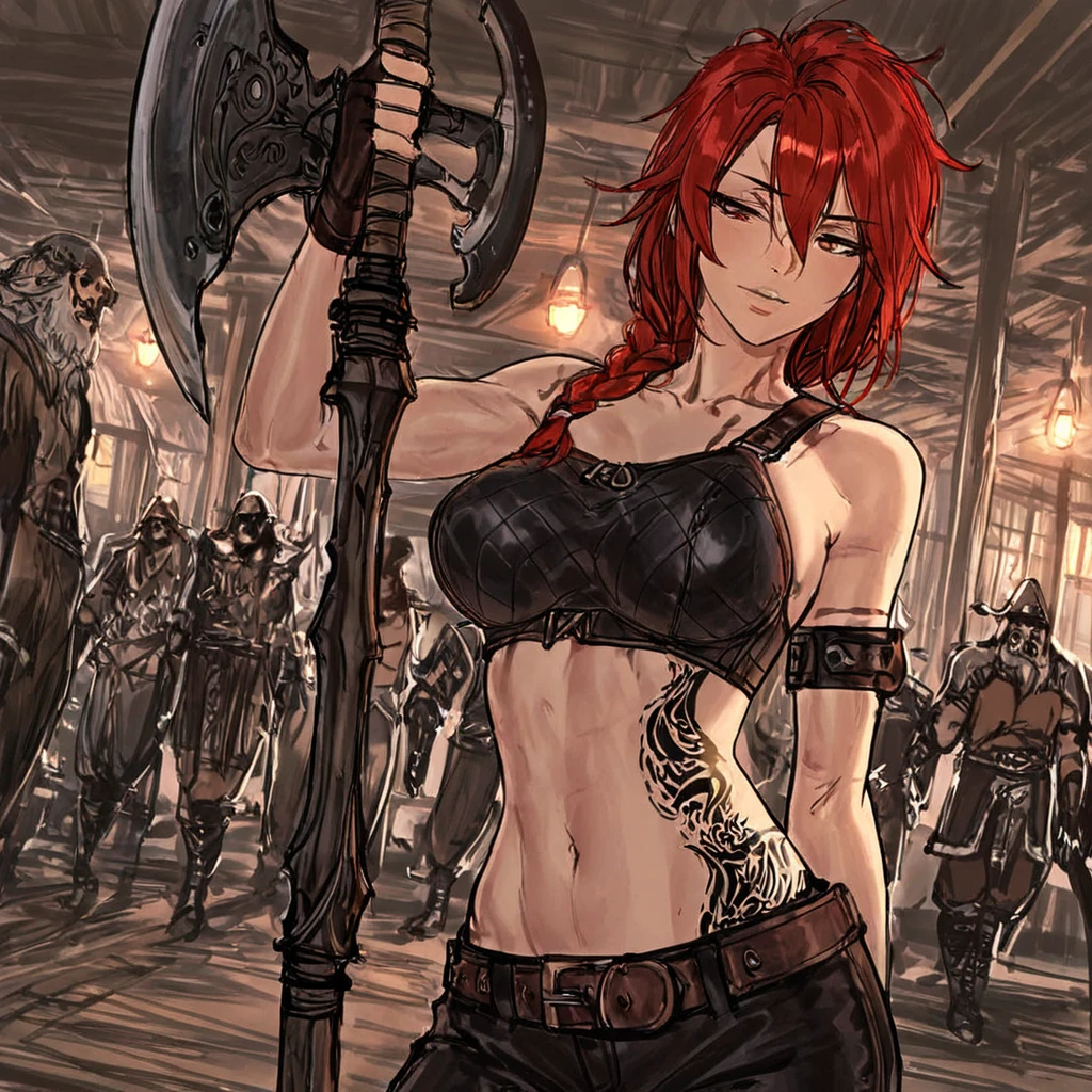 Boadicea, red-haired Viking warrior with Nordic armor and rune tattoos on her body and blooming blue eyes holding an axe, 4k