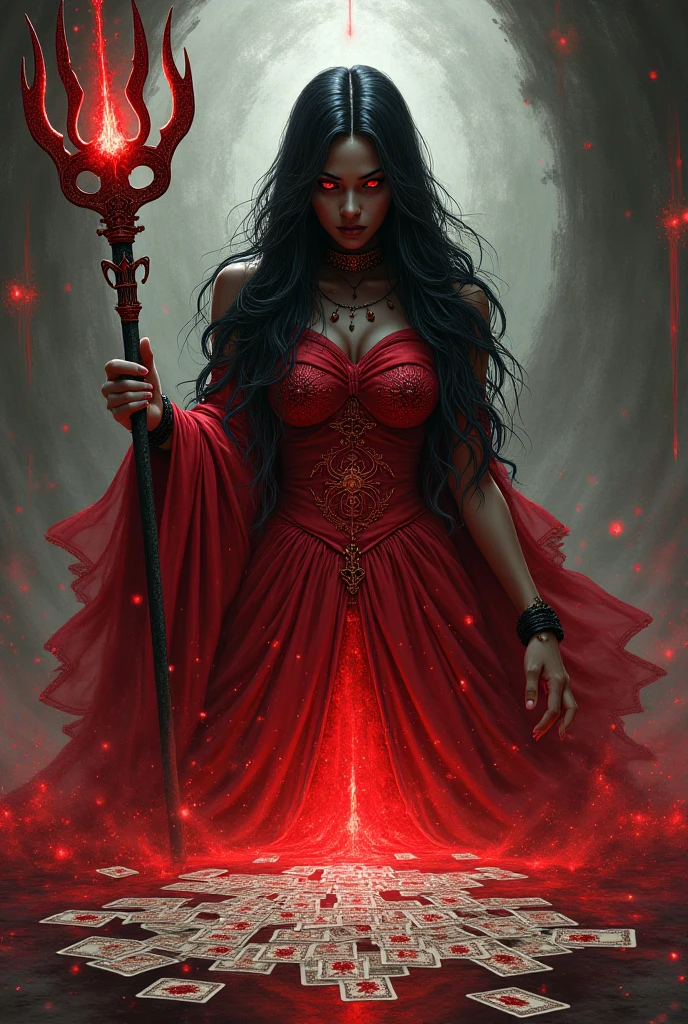 Image of white woman with black hair wearing red dress with Trident and number 7