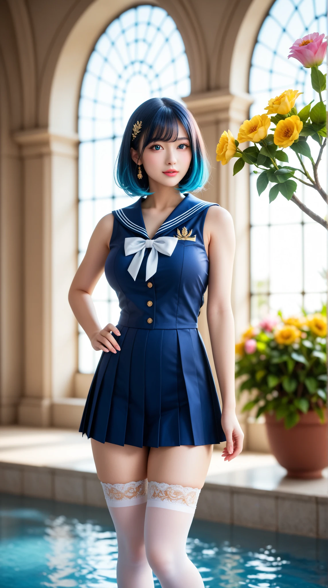 Best Quality, Masterpiece, Ultra High Resolution, (Realism: 1.4), Original Photo, 1girl, (Sailor Moon: 2.1) ((Ami Mizuno / Sailor Crystal, Sailor Mercury)), Charming Smile, Short Hair, Short Blue Hair, Vibrant Blue Eyes, Short Skirt, Looking at the Viewer, Pool in the background, Dynamic Pose