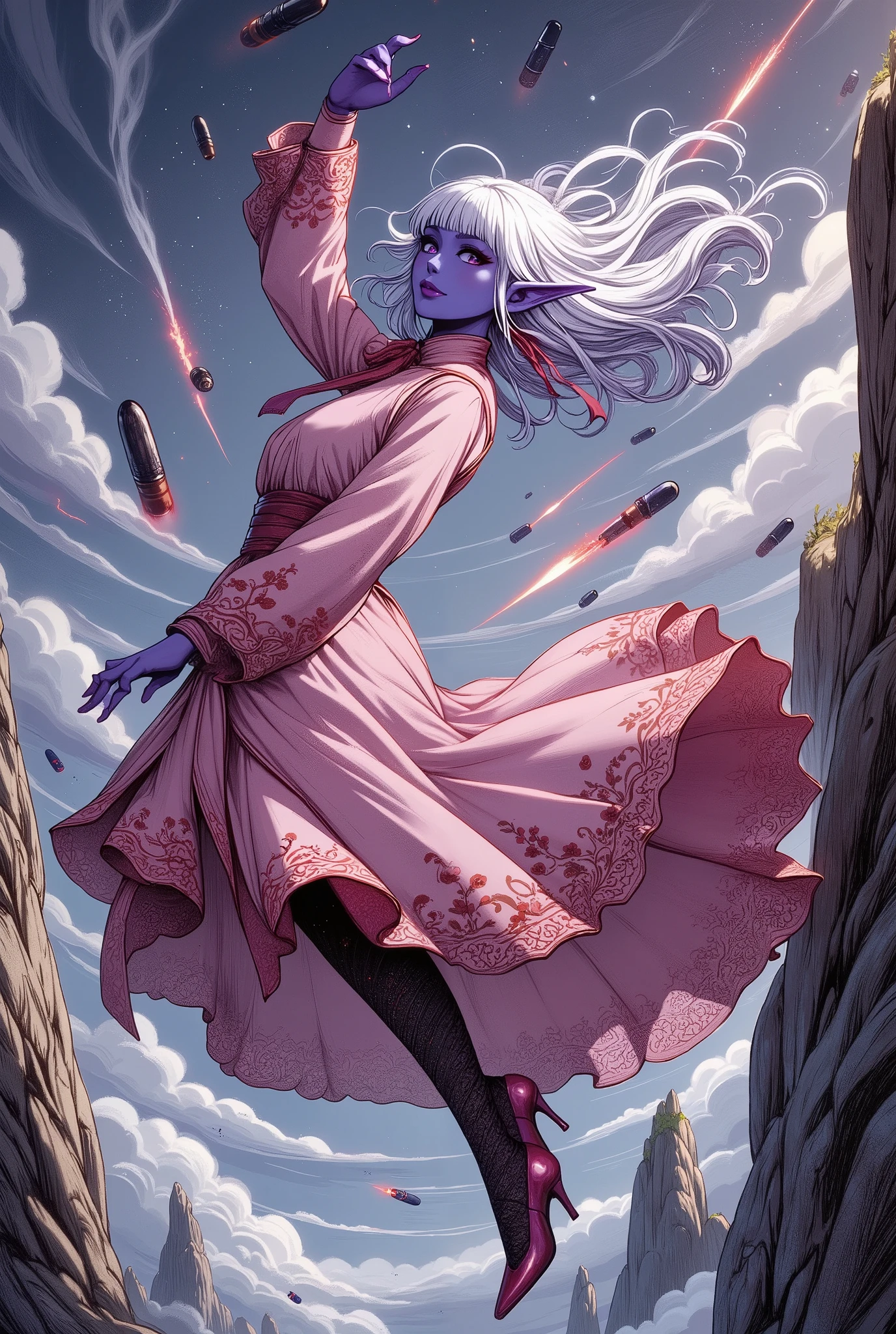 (Ultra-detailed face, Looking away, Gothic Illustration, Dark tone colors. She has five fingers on her hands and five toes on her feet.), BREAK
(The view looks straight up from below. The sky above is covered in black clouds, the area is thick with black smoke, and fire sparks are dancing in the strong wind.), BREAK
(A dark elf, Magical Trickster, is just barely dodging the many large, black, stocky, rocket-like shells that are flying through the air on the crumbling cliffs, leaving high-speed trails, by leaning backwards in large, bold poses and big actions, as if she is dancing.), BREAK
(She has white hair, white eyebrows, blunt bangs, long wavy hair down to her feet, small pink lips, lavender eyes, dark purple skin, and thick eyeliner. Her hair is flowing in the wind blowing up from under the cliff.), (She wears a pink ribbon tie and a pink princess-style dress with red lace ruffles and embroidered pink peach berries. She wears pink high heels.)