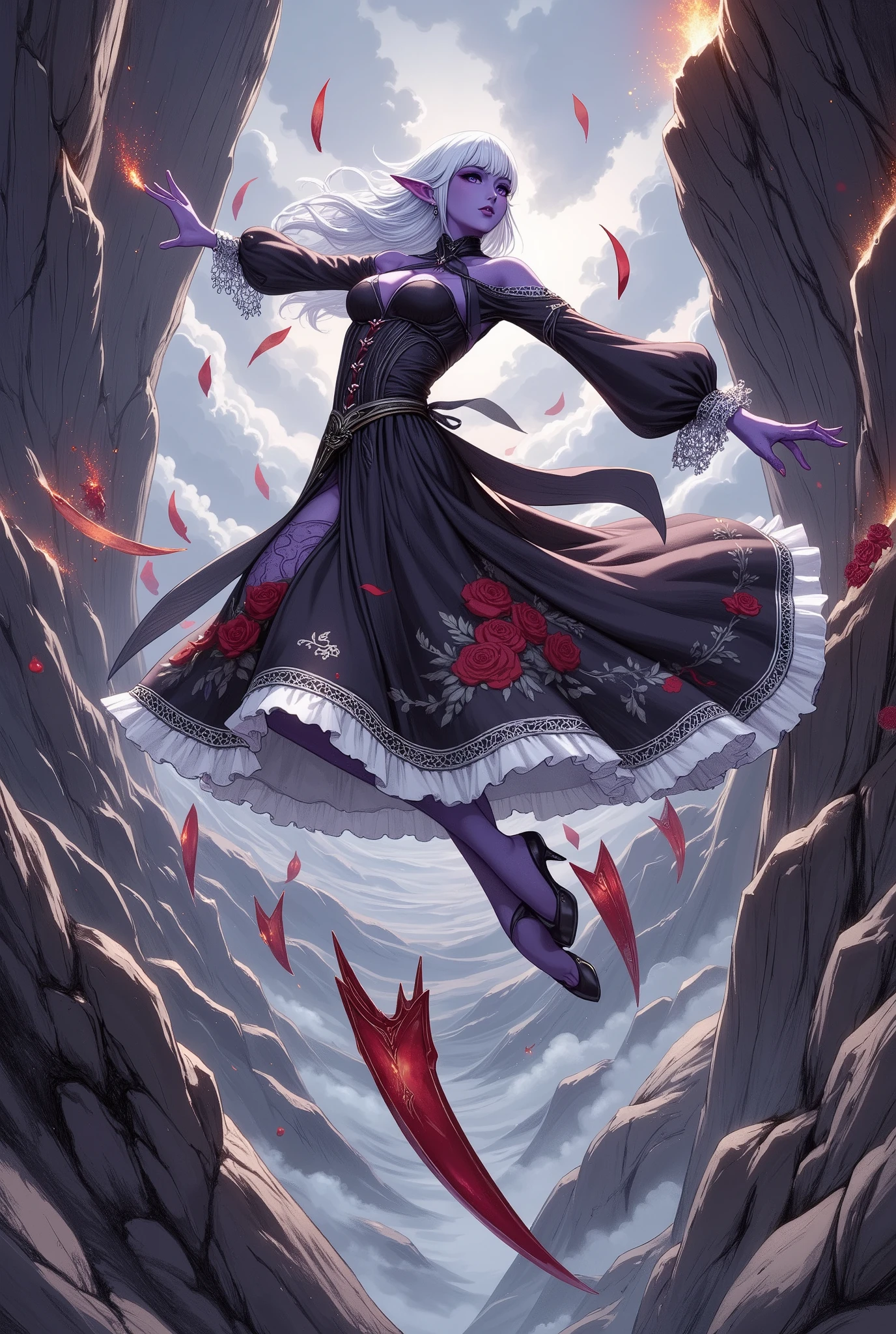 (Ultra-detailed face, Looking away, Gothic Illustration, Dark tone colors. She has five fingers on her hands and five toes on her feet.), BREAK (The view looks straight up from below. The sky above is covered in black clouds, the area is thick with black smoke, and fire sparks are dancing in the strong wind.), BREAK (A dark elf magical trickster is dodging just in time, leaving a fast trail of light on the crumbling cliff, spinning and flying, very many daggers with red, shiny, slender, warped blades, turning in large somersaults backward in bold poses and big actions as if dancing.), BREAK (She has white hair, white eyebrows, blunt bangs, long wavy hair down to her feet, small pink lips, lavender eyes, dark purple skin, and thick eyeliner. Her hair is flowing in the wind blowing up from under the cliff.), (She wears a black ribbon tie and a black velvet lace-up dress with white lace ruffles and embroidered red roses. She wears black heels.)
