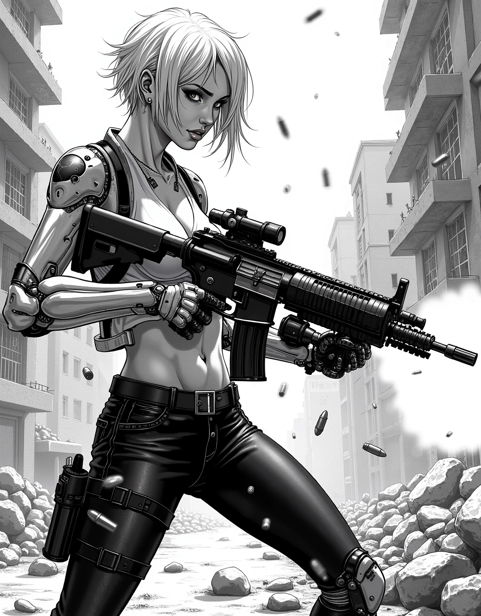 manga стиль,черно-белая manga, шикарная Russian girl с большими глазами и короткой стижкой пикси, ,slim sweet, thoughtful,big eyes, sexy,manga,realism,black and white image,рисованный стиль manga,милая girl,in short shorts and a,blond hair, sexy, skinny,girl,Russian ,wet skin and hair , manga стиль ,her right arm and left leg are knee-deep mechanical(top half cyborg robot),girl,fighter, cheek scar), against the background of the destroyed city, City fight,shootout, gun in a cabur on her belt, fighting pose , holds a machine gun in her hands and cartridges shoot out of it, scream), ready for battle, the ruins of the city, shooting, ((dodges bullets in slow mo, bullets leave inversion marks)),maximum detail,shaggy hair, ((a light bulletproof vest is wearing on her chest)),bullets fly around her in slow motion, ((everything is lubricated around her - the effect of movement))