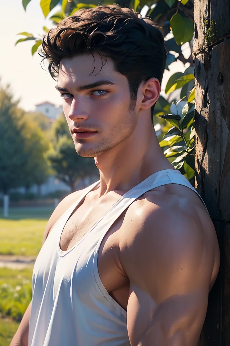 Young cute handsome white skinny angelic face without shirt flower in his hand in a beautiful garden place