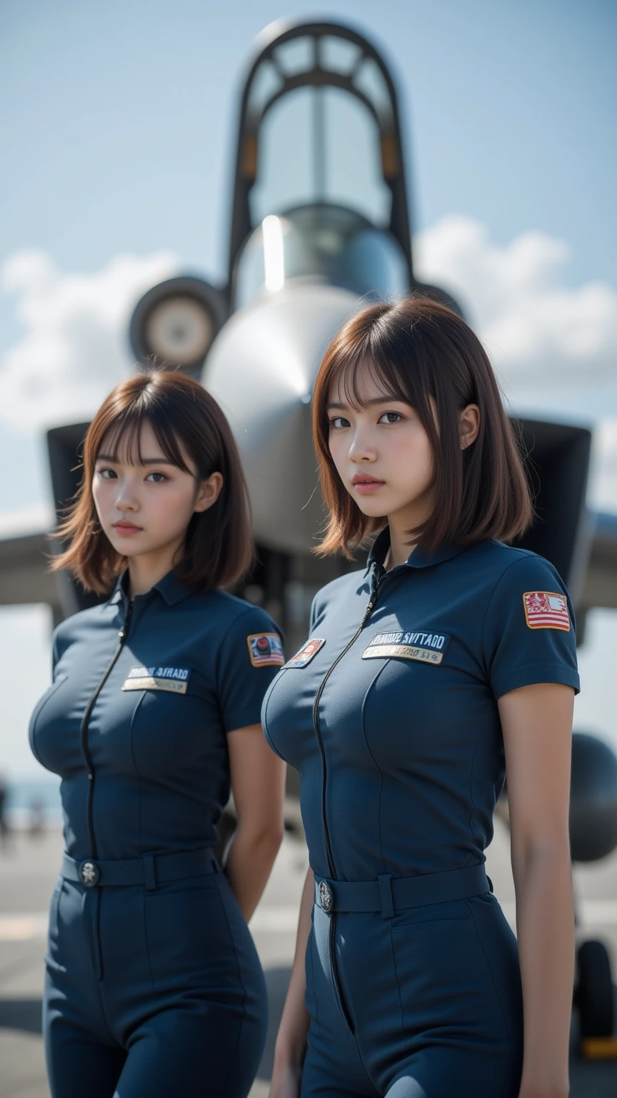 two women in uniform standing in an airplane cabin, alena aenami and lilia alvarado, perfect military composure, pilot girl, symmetric!, pilot outfit, cute pilot girl, beautiful angle, jet wings on the back, beautiful sci - fi twins, symmetric!!, tight attire, with two pairs of wings, maxim sukharev, excellent contrast