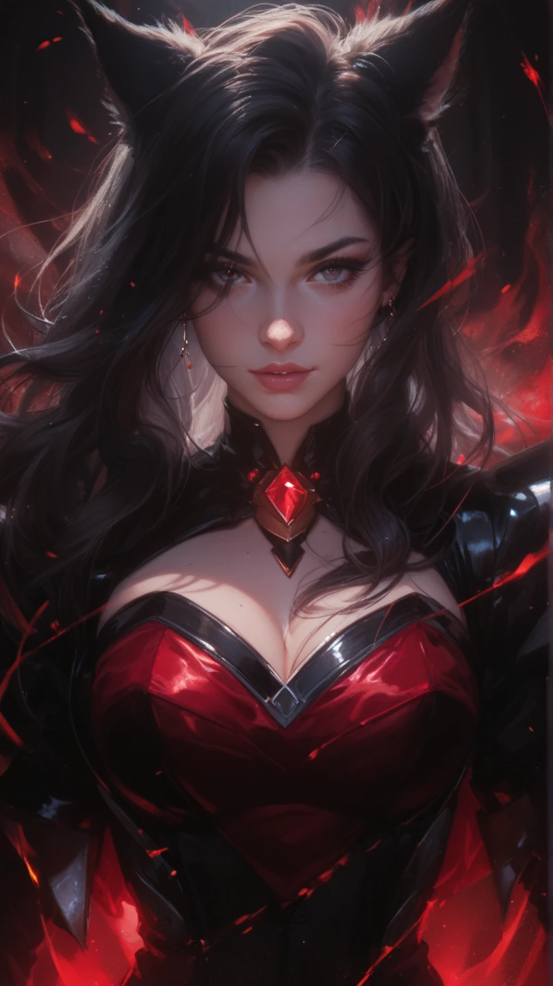 Portrait, beautiful woman with black hair and a silky red dress, hourglass figure, symmetrical figure, medium breasts, highly detailed face, beautiful face, calming blue eyes, lush pink lips, alluring, flirting with camera, stunning digital illustration, red lightning storm fantasy background, beautiful digital artwork, magenta lighting, glossy digital painting, gorgeous digital art, 4k detailed digital art, beautiful digital illustration, 4k highly detailed digital art, beautiful digital art, realistic digital art 4k, realistic digital art 4k, airbrush digital art