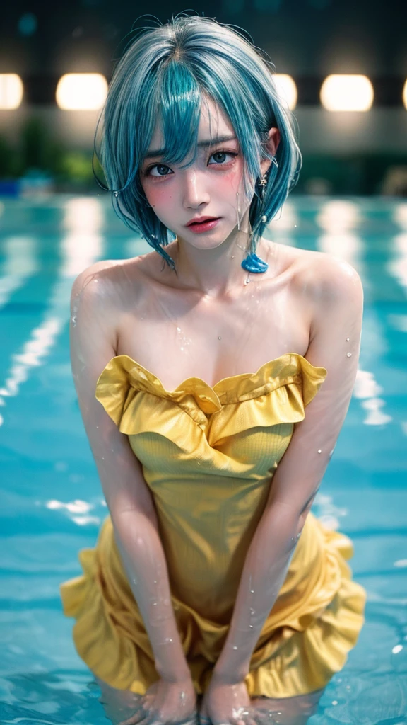 Best Quality,Gorgeous Korean Woman,((Blue Latex Cheongsam)),((White Satin Gloves)),(((covered with much bubbles)))Gothic Lolita Makeup,(Full body),35 year old,super model,Staring at the viewer,Big,Wet skin,Shiny skin,(((Green hair on both sides:1.2))),Blue Pupils,((Saliva))
