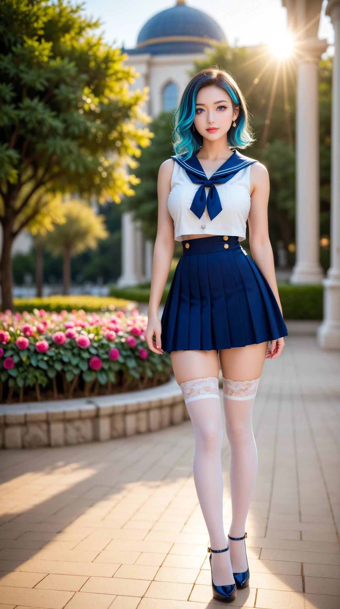 ((Sailor Neptune costume: 2)) Best quality, super high resolution, masterpiece, (Realisticity: 1.6), 16K, (1girl with open belly button), (huge), short skirt, white stockings, full body photo, bedside, mature smile, ridiculous figure
