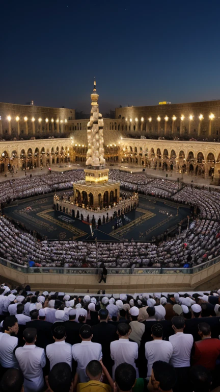 The Kaaba is surrounded by pilgrims and the sky is blue