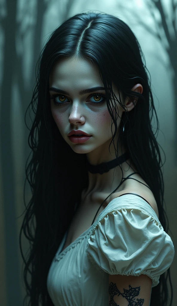 a young girl,walking on a dark path,detailed face, large eyes, full lips, beautiful skin, long hair, elegant dress, moody lighting, dramatic shadows, melancholy atmosphere, cinematic, chiaroscuro, muted colors, high contrast, digital painting, dark, shadow
