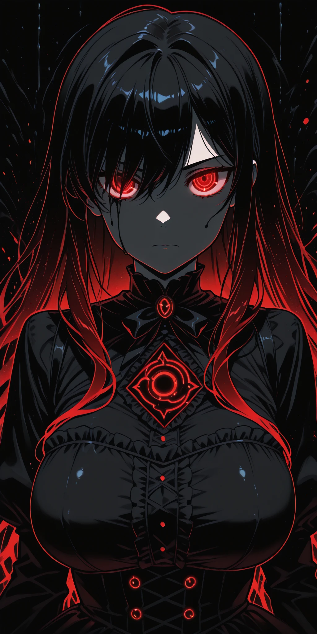 anime girl With red eyes and black hair with a black dress, Devil Anime Girl, With eyes that glow red, everyone, Red eyes glow, With red eyes, Beautiful and detailed anime art, Wicked smile and glowing eyes, Detailed digital anime art, Detailed Key Anime Art, Vampire Girl, Gap Moe Yandere Grimdark, Anime Monster Girl