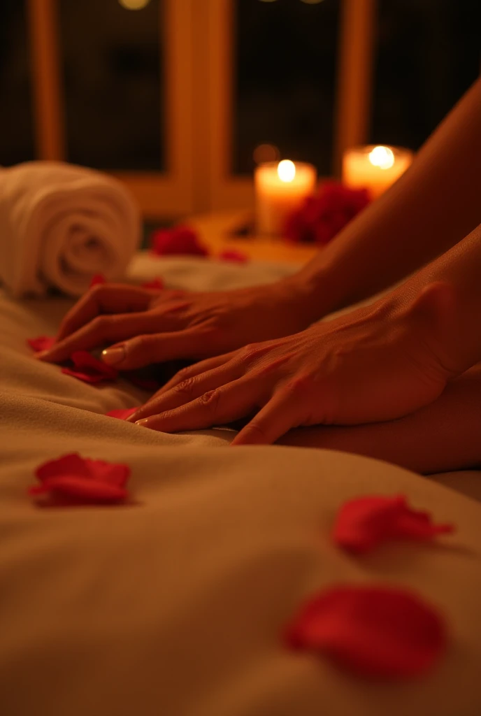 Girl lying down facing right and feet facing forward, she is wearing very transparent black stockings and is covered and the boy is massaging her feet and he is lying in the opposite direction to her