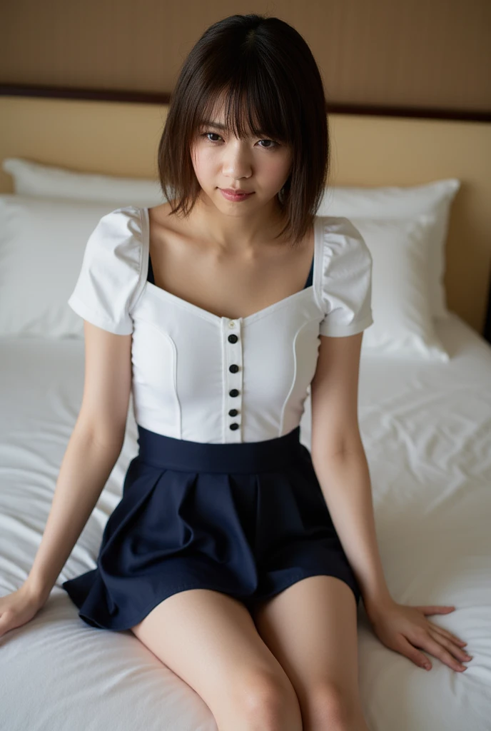 A young, plump Japanese girl with droopy eyes and a nasty make-up shows off her body with a provocative smile。Sweat。Dynamic Lighting,Highest quality,8K,masterpiece,Ultra-high resolution,Photorealistic,RAW shooting,Ultra-Realistic Capture,Beautiful and detailed eyes。Born in 2006。One piece skirt。Thighs。Darkened armpits。Bob Hair