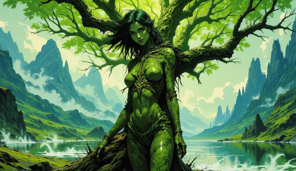 The sexy and dark art of seduction, woman covered in plants, covered in plants and leaves, fused with nature, force of nature, long green hair, medium breasts, perfect ass, in a forest in a wonderful natural environment, very sexy and erotic,(art inspired by Bill Sienkiewicz). oil painting) (best quality, 4k, 8k, high resolution, masterpiece: 1.2)
