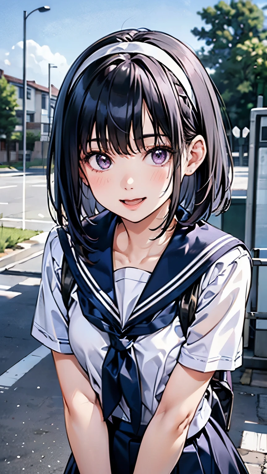 sailor suit, one woman, (a beauty woman, delicate :1.3), 8K, highest quality, masterpiece, Super detailed, ultra high resolution, realistic, RAW photo, absolute resolution, black hair, bob cut, small face compared to body, very small face, black hair, navy blue sailor uniform, Dark blue skirt, High school girl in sailor suit, Anime 2D rendering, realistic若いアニメの女子高生, , ((white headband)), (white headband), small breasts, tall, slanted eyes, purple eyes, (school scenery), black stockings, bright color, open your mouth, smile,