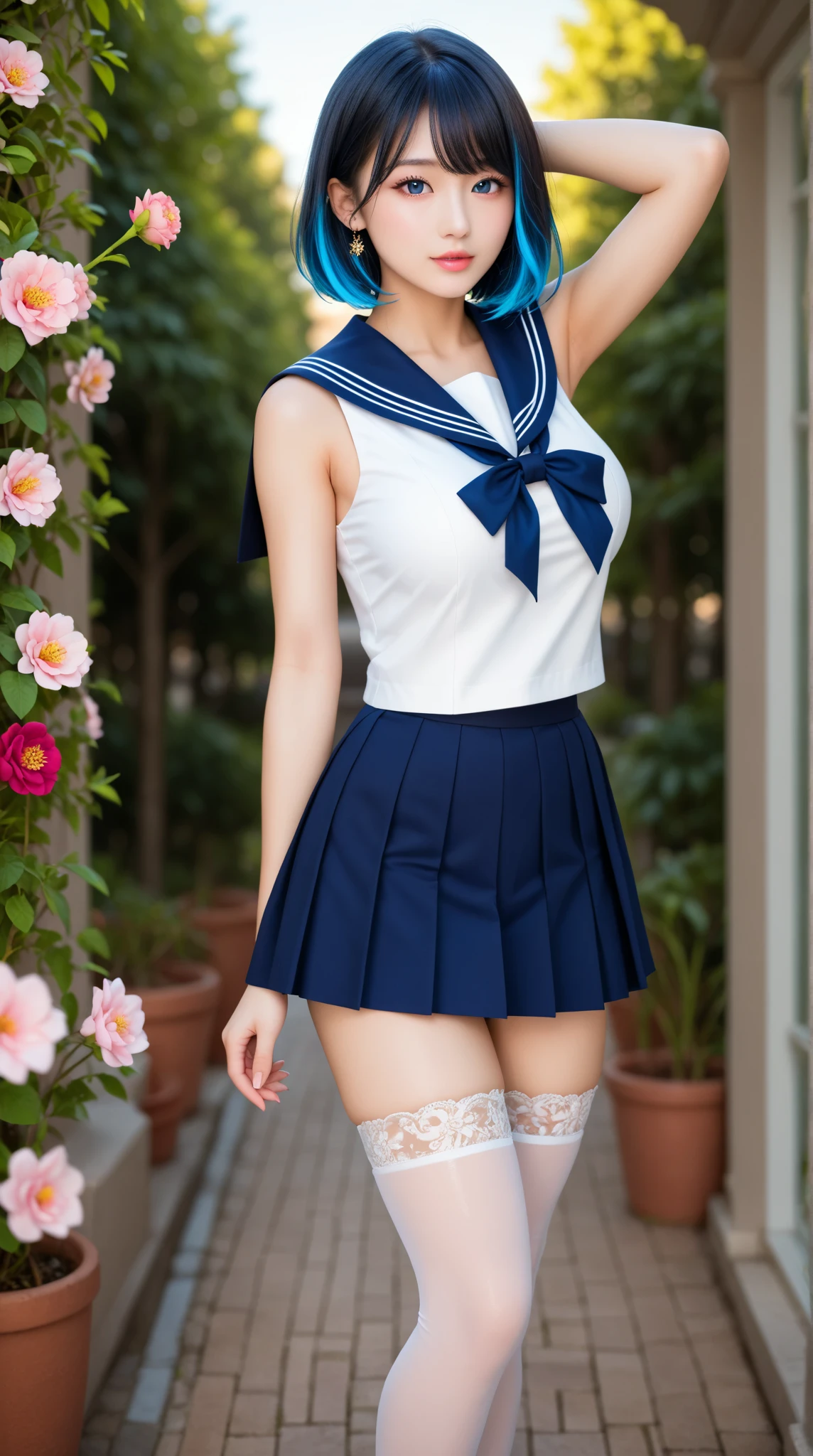 absurdres, highres, ultra detailed, smile,open mouth,standing, looking at viewer,tracen , summer uniform, serafuku, puffy short sleeves, bowtie, horseshoe ornament, sailor collar, sailor shirt, frills, white skirt, purple shirt, miniskirt, zettai ryouiki, white thighhighs, brown footwear, shoes,viblos \(umamusume\),twintails, brown hair, long hair, hat,large breasts, purple eyes, multicolored hair, ear ornament, hair ribbon,