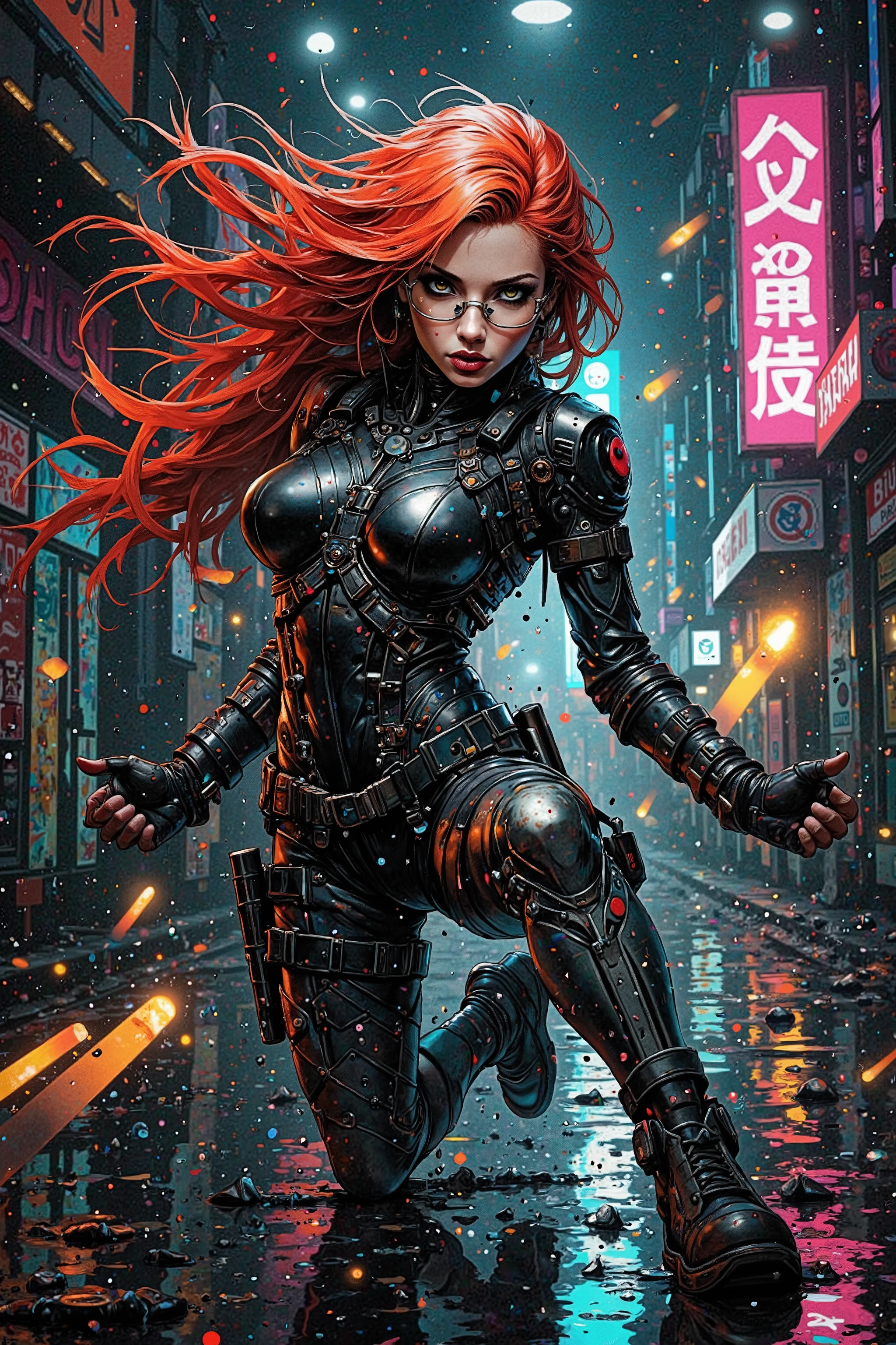 A high-resolution, cinematic digital painting of a fierce red-haired woman with glasses, dressed in a sleek, form-fitting black leather outfit inspired by Trinity from The Matrix. She is captured in a dramatic bullet-time moment, gracefully dodging a speeding projectile in slow motion. Her body bends fluidly, with her long, vibrant red hair flowing dynamically through the air. ((Bullet time):1.5), ((Bullet):1.2), The projectile streaks past her, leaving behind intense shockwaves and air distortions, while rain droplets are frozen mid-air, scattering in mesmerizing patterns due to the force of the shot. The background is dark and moody, featuring a neon-lit urban environment with reflections shimmering on the wet ground. The dramatic lighting and high-speed motion blur effects enhance the intensity of the scene, making it feel both futuristic and action-packed. Her expression is calm and focused, embodying control, agility, and power in the midst of danger.