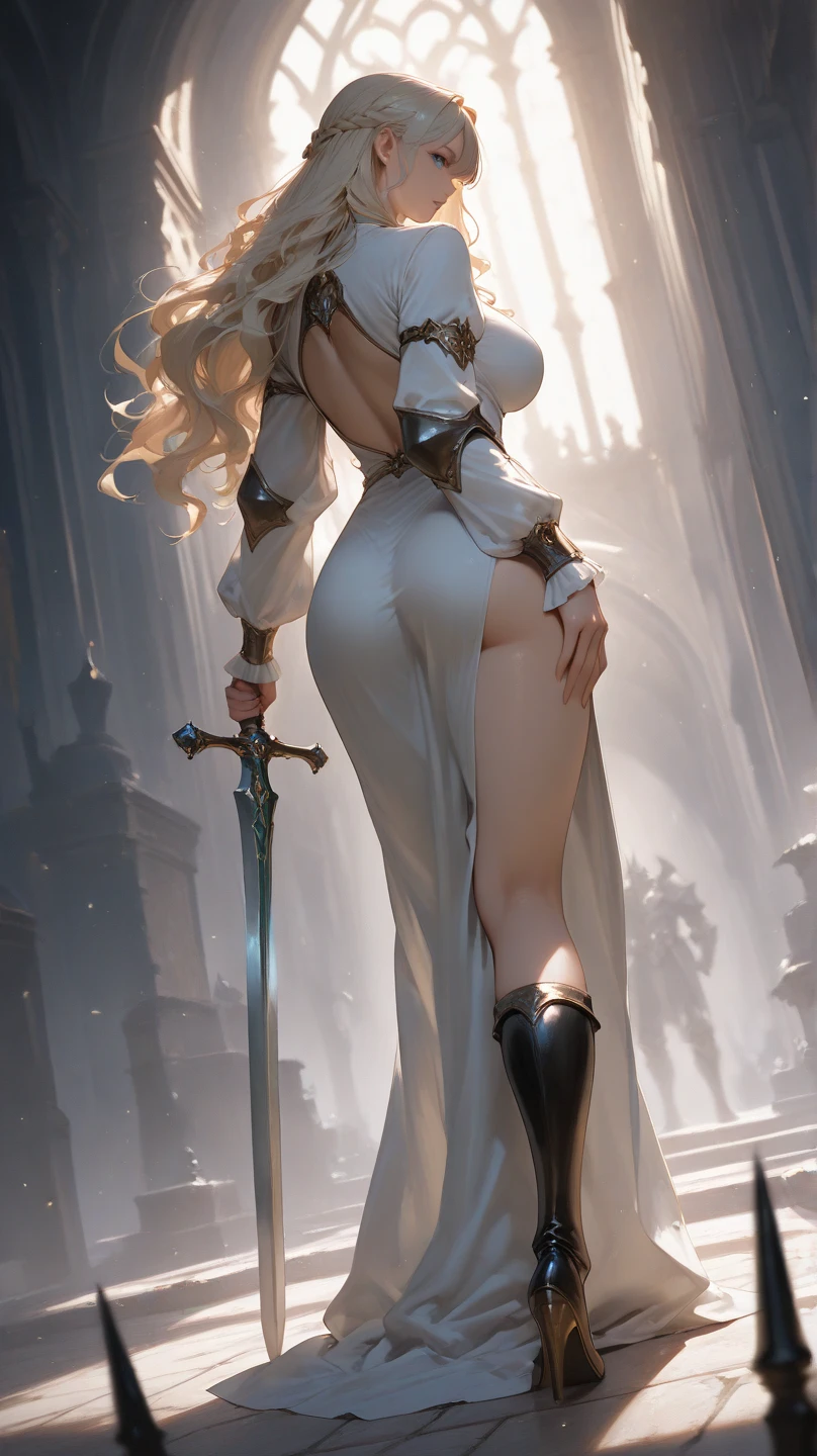Thin legs, large breasts, tall figure, holding a spear in his hand and high heels