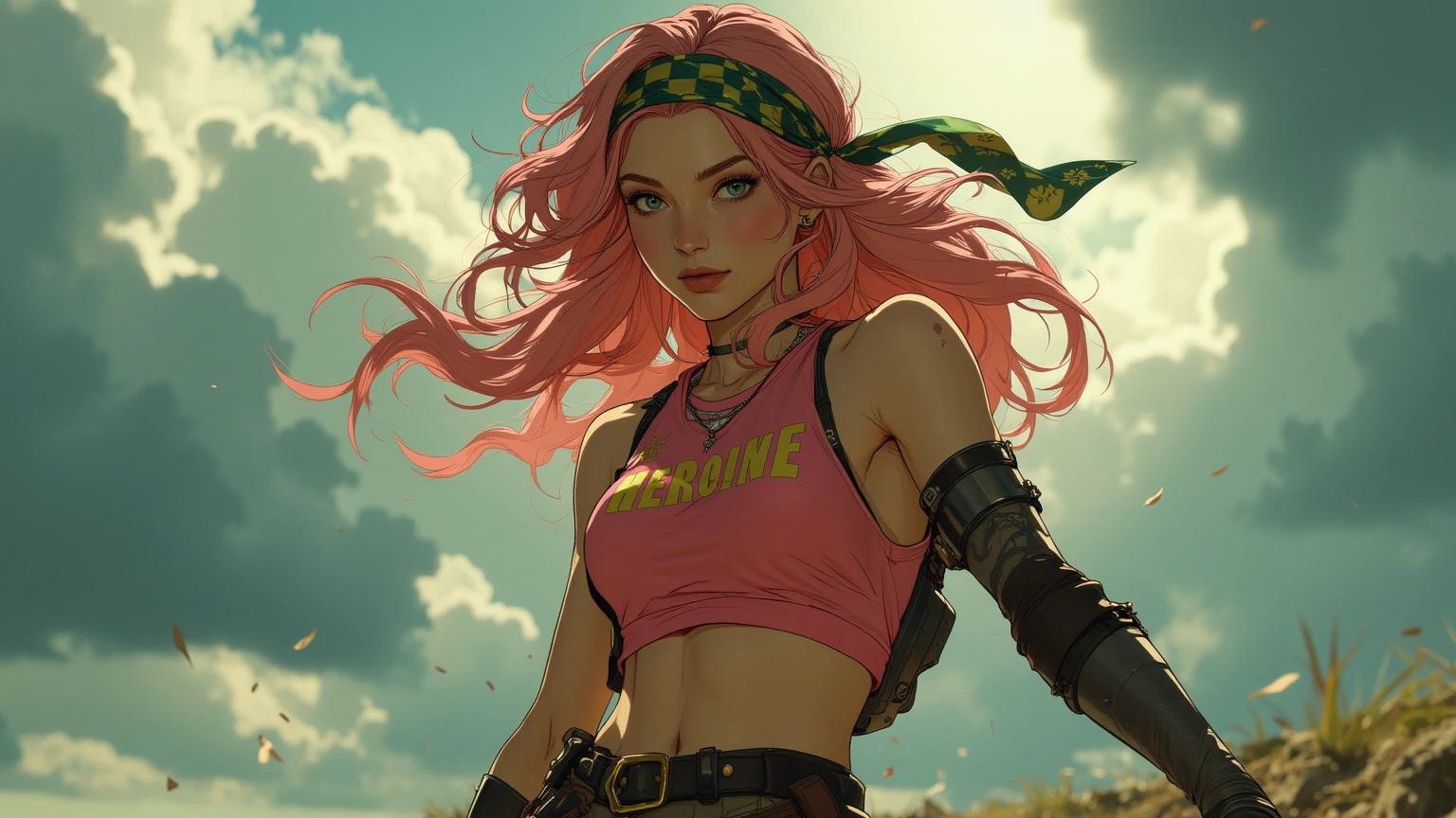 Close up, Game cover art, 4K, incredible art, Best quality, masterpiece, (Milf:1.2),(curvy:1.3),(erected :1.4), (juicy cameltoe:1.3),30yo,(gigantic boobs:1.3), A teenage girl walking in a post-apocalyptic wasteland, with a backpack, a machete, and a sexy teenager Waifu companion. She has beautiful long pink hair and gigantic boobs, large boobs,(topless:1.3)