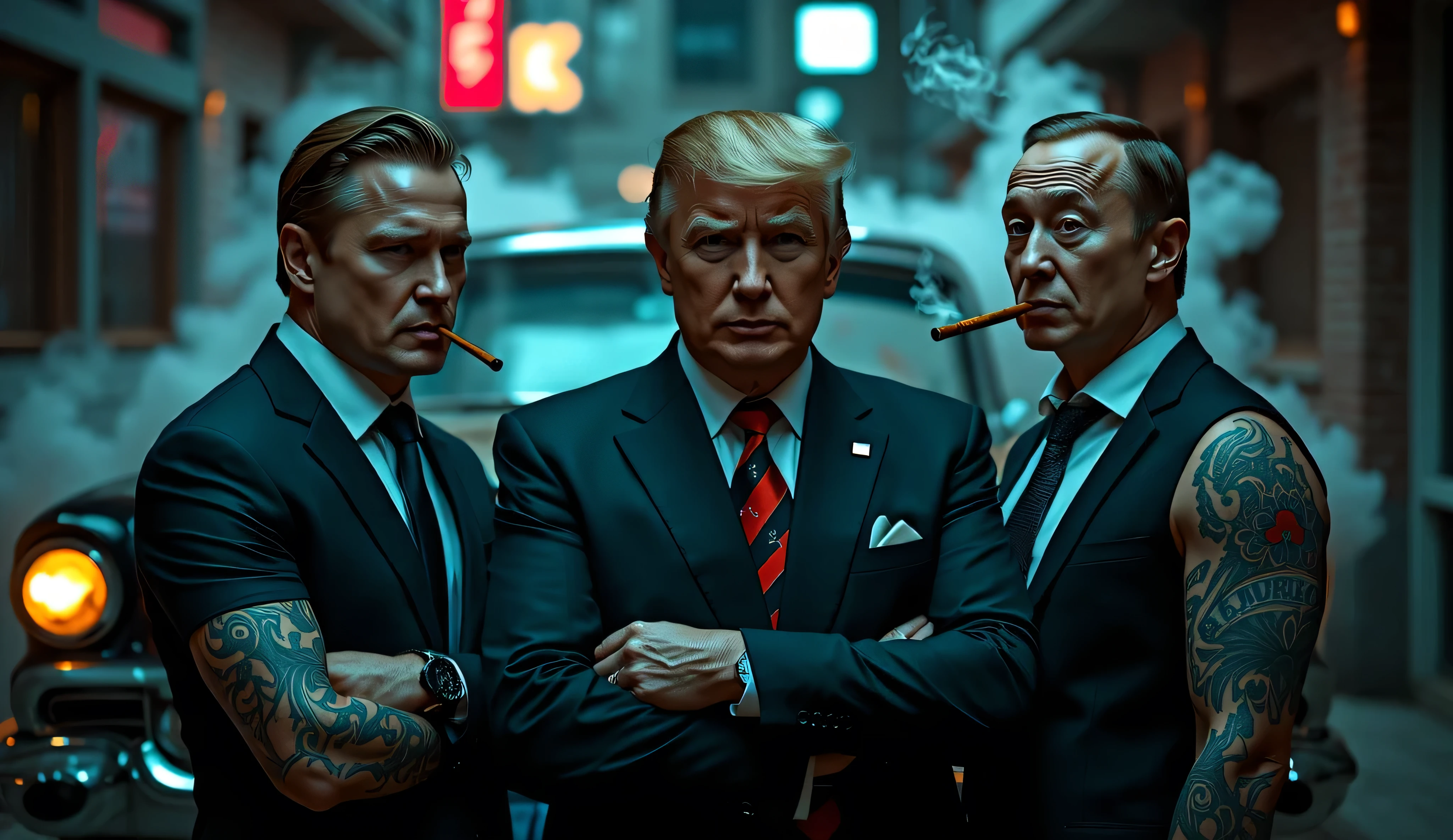 A hyper-realistic digital painting of Donald Trump, Vladimir Putin, and Elon Musk depicted as gangsters. They have full-sleeve tattoos, cigars in their mouths, and wear stylish gangster suits. The scene is set in a dark, neon-lit alleyway with a vintage car in the background. Their expressions are intense, exuding power and dominance. The atmosphere is moody, with smoke swirling around them.