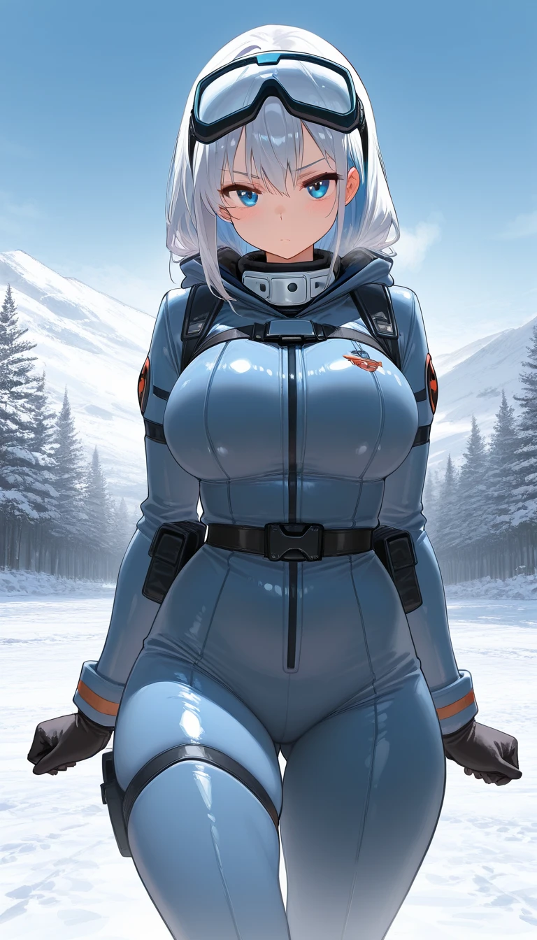 photo, photorealistic, photorealism, full body shot, wide angle, bimbo astronaut wearing spacesuits, fully clothed, cleavage, giga_busty, (rime ice covered trees along skyline:1.3), (rime ice and snow:1.5), (sunrise:1.5)
