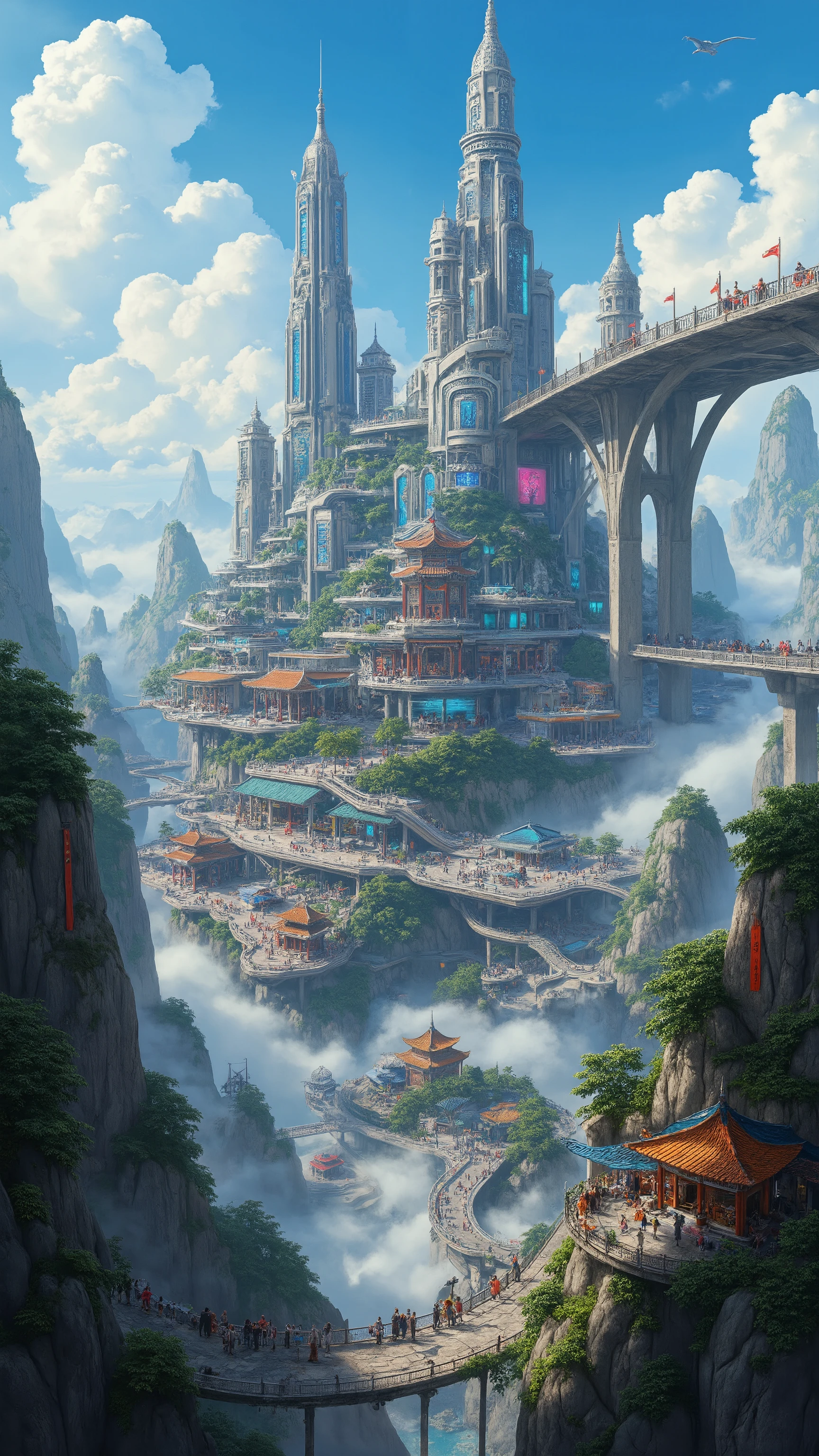 The、An Asian city with a bridge over clouds close to space、Lost City photo、picturesque background、Temple Digital Images、cyberpunk、background in high definition is an ancient castle、A dreamy city above the clouds、Highly detailed digital images、Highly Detailed Digital Paint、Detailed Scenery 、Sky city above the blue sky。