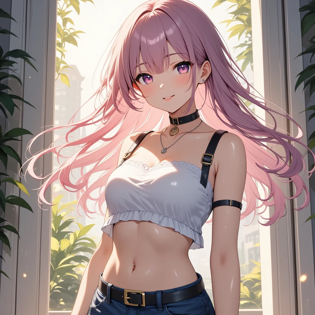 girl with blue-pink hair, in a skirt with a beautiful and bare breasts,