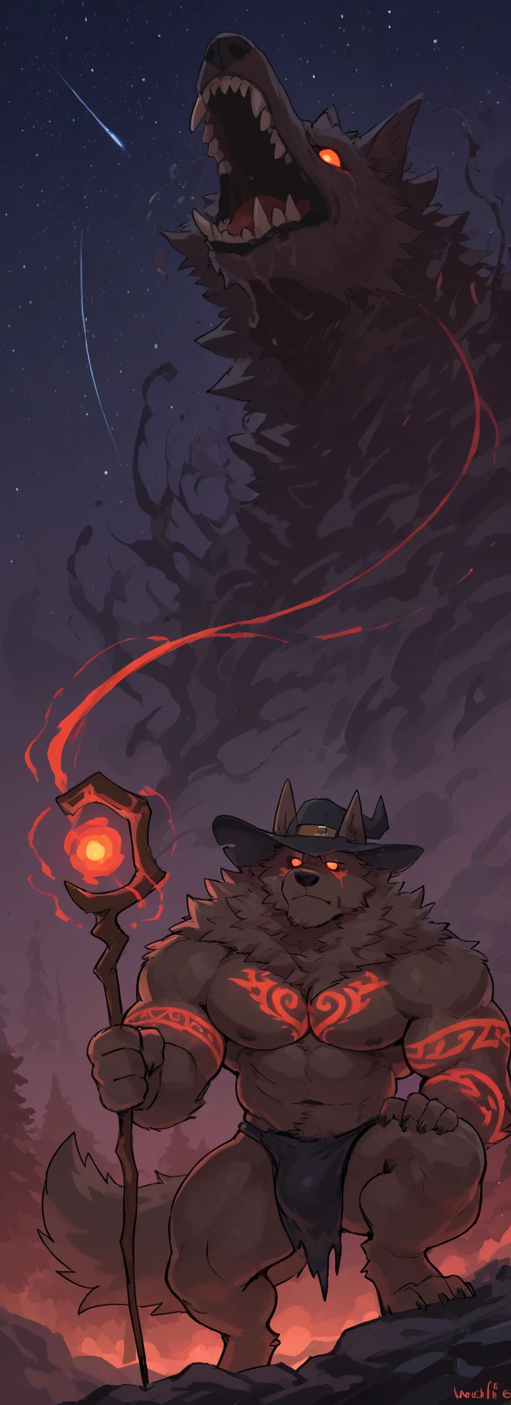 score_9, score_8_up, score_7_up, score_6_up, masterpiece, best quality, amazing quality, under stary night sky, stars, very aesthetic, absurdres, newest, scenery, (heartless, muscular, feral, big muscles, glowing flowers, glowing red public tattoo), 1male, mage hat, magic flowing from hand, Solo, closed Mouth, suductive expression, monster werewolf, brown fur , detailed eyes, smith, (sharp teeth), (by woolfie:), dog sheath, torn loincloth, bulge, magic staff, summoning creature