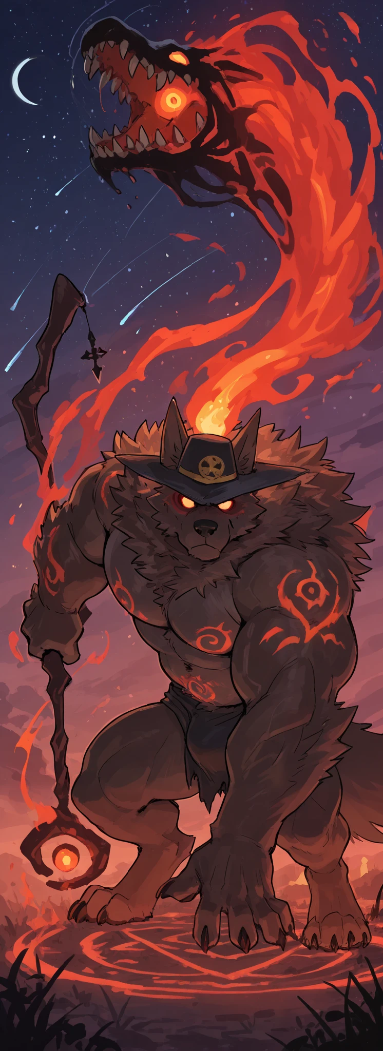score_9, score_8_up, score_7_up, score_6_up, masterpiece, best quality, amazing quality, under stary night sky, stars, very aesthetic, absurdres, newest, scenery, (heartless, muscular, feral, big muscles, glowing flowers, glowing red public tattoo), 1male, mage hat, magic flowing from hand, Solo, closed Mouth, suductive expression, monster werewolf, brown fur , detailed eyes, smith, (sharp teeth), (by woolfie:), dog sheath, torn loincloth, bulge, magic staff, summoning creature