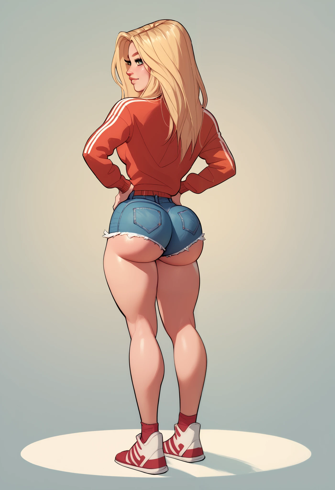 Hot blonde slut gym pawg with huge phat ass, wear short shorts, thicc thighs, round ass, hands on hips, wallpaper style