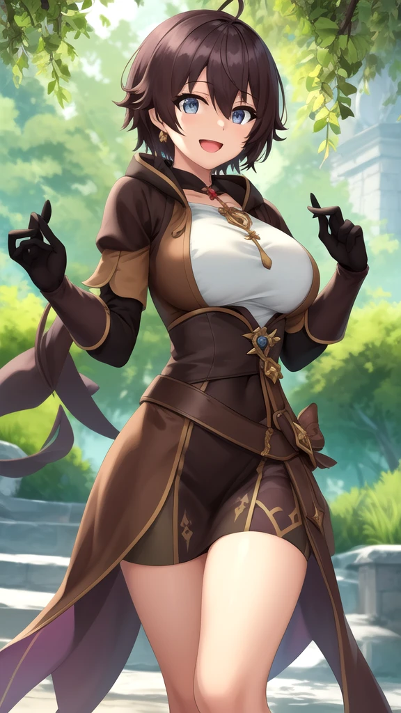 A beautiful Latina woman, indigenous to a wild tribe, she has brown skin, straight black hair, Chanel cut, short hair, hairstyle, straight Chanel and brown eyes, this woman has a curvy body and is wearing wild medieval costumes, a battle suit with pants, amid a magical forest filled with magic, contour lights and cinematic lights.