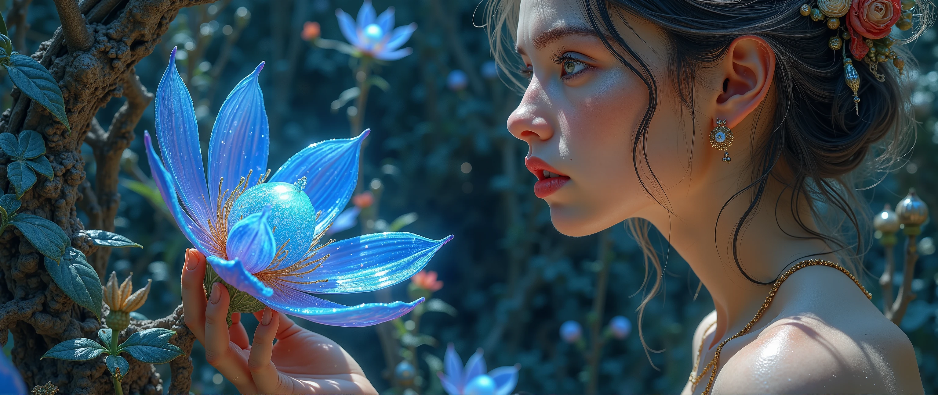     epic oil painting    , 16 thousand.,    photo quality,   The fantasy zone  , science fiction, close-up portrait of a girl, an elegant and fragile naked girl looks at an alien flower of incredible beauty with iridescent blue flowers , dangerous mangrove planet with mangrove swamps , a dangerous marsh planet with springs flowing through rocks and small picturesque waterfalls, Orion constellation universe,   with a scrupulous drawing of all the small details,  detailing with thousands of small details       ,     epic oil painting    , close-up portrait of a girl нюхающей цветок,  ,
