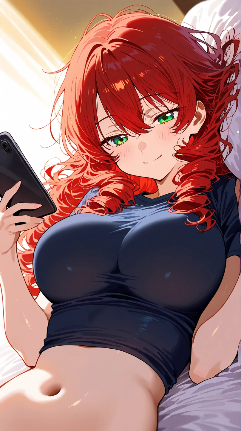 (absurdres, highres, ultra detailed), 1 girl, 20-year-old woman, black skin, plump lips, short woman, cute and delicate. Red hair, freckles on her face, her breasts are small, completely innocent face, full body, she is inside room and sitting on the bed, she is wearing a large green sweater and no pants on. Laptop visible on the bed. Green eyes.