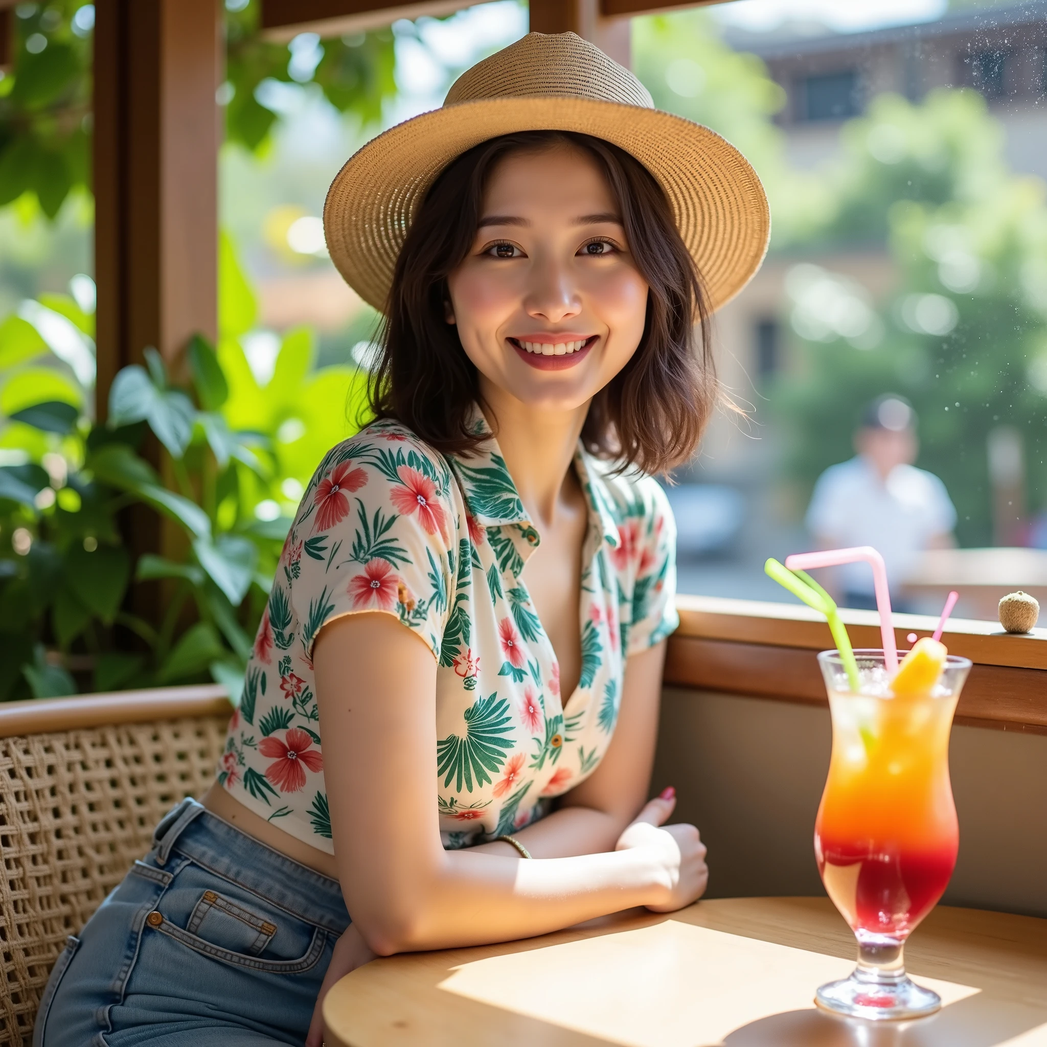 『 The face and hairstyle are different  ２ Japanese woman ：1 . 9』『 actual photo ：1 . 3』 best quality ：1 . 2、((Big Breasts))、 You can see a slight valley 、(( young woman))、((赤い頬))((smile：1 . 3))、((( anatomically accurate、 perfect anatomy、 anatomically accurate指)))、 Genuine 、 best quality 、ultra high definition、 RAW photo 、( curvy body )、 『 actual photo ：1 . 3』 best quality ：1 . 2、((Big Breasts))、 I can see a little bit of my chest 、(( young woman))、((赤い頬))『 show your teeth and laugh ：1 . 9』、((( anatomically accurate、 perfect anatomy、 anatomically accurate指)))、 Genuine 、 best quality 、ultra high definition、 RAW photo 、( curvy body )、Tropical restaurant 、 A tropical drink is on the table、Wide-brimmed hat、 Hawaiian shirt ：1 . 4、 short jeans 、  Japanese Girls、、 The exterior of the store is emerald green 、  strong sunshine 、、 She's sitting on a chair inside the store