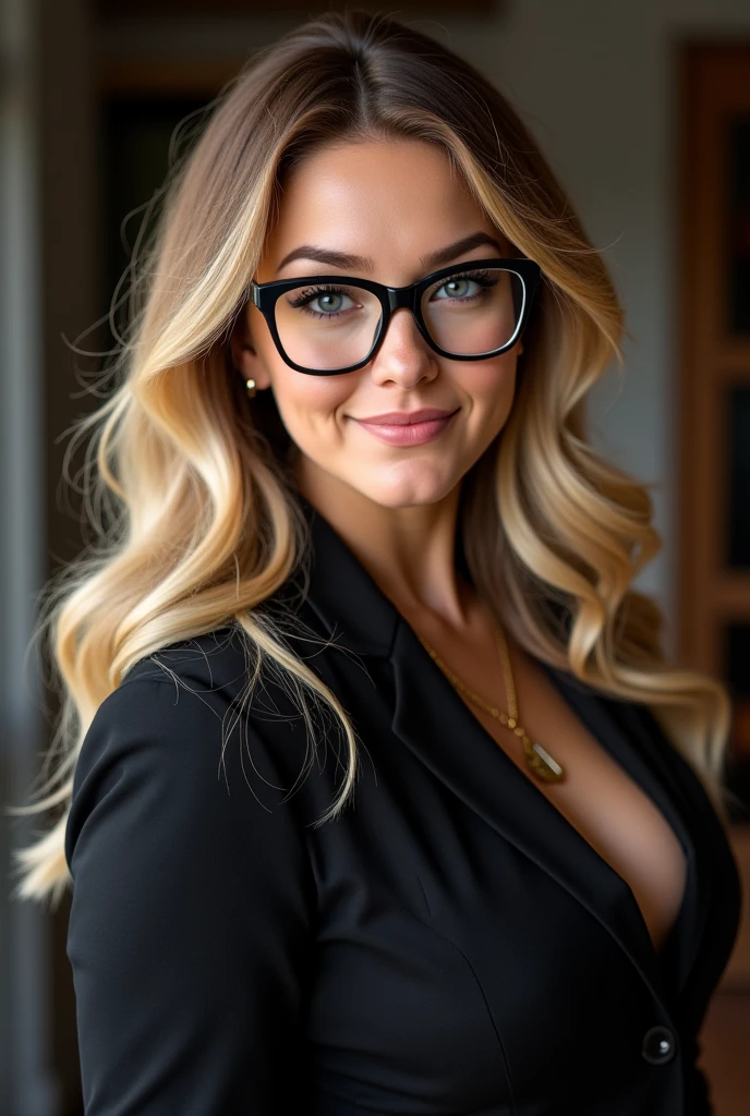 beautiful blonde model, perfect body,perfect face, freckles on face, blonde hair, hazel eyes, busty body, thick body, wearing black lingare, glasses, sat on her bed, smile, perfect smile, perfect face, perfect eyes