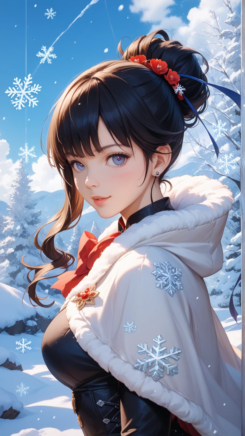 ((masterpiece)), ((best quality)), (Extremely detailed), (Super beautiful illustrations), ((Kawaii)), Kuveli), ((Very detailed)), (delicate eyes), (Detailed facial features), (Detailed fingers), (Detailed clothing features), 4k, (8K), (beautiful), (dynamic composition), (Cowboy shooting:1.3), (Holy Cloth:1.3), sitting on a tree stump, 一位beautiful女人, 1 female, (Bronze skin:1.2), Black Hair, Medium long hair, (beautiful blue eyeeautiful eyes)), White Teeth, (tights), (Hair accessories), earrings necklace), (In the song, Mountain, village, night, winter, Shining with colorful light, lens flare, (Snow Effect), Shiny, Christmas tree