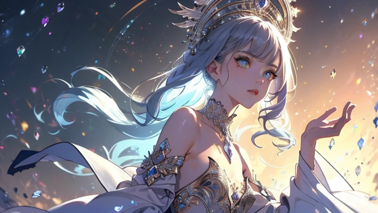 In a realm of enchantment, within a magical forest, a mystical fairy girl emerges, a radiant being adorned in gossamer threads of moonlight. Her dress, woven from petals and stardust, shimmers with an iridescent glow, reflecting the celestial canopy above. As she flutters amidst blossoming trees and twinkling fireflies, the air resonates with the ethereal symphony of nature's whispers, creating a realm where dreams and reality intertwine in a dance of pure enchantment.