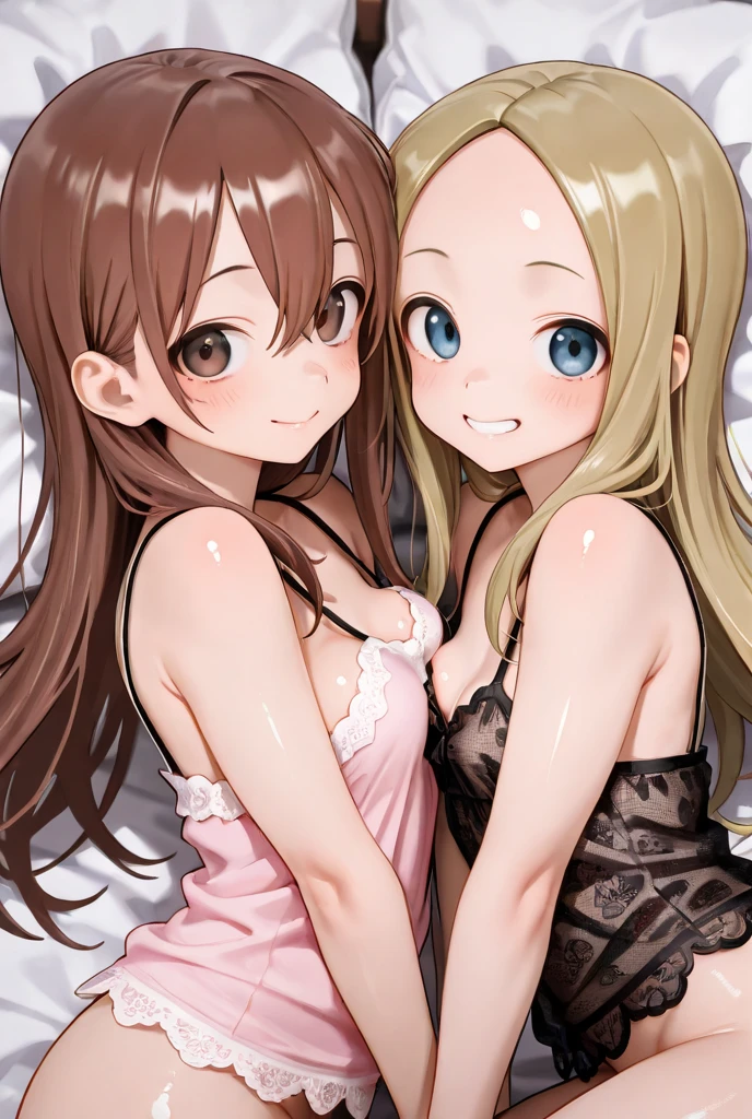 2 curvy gyaru lying on stomach  side by side,tanned gyarus,at home,pink light,naughty smile,breast milk