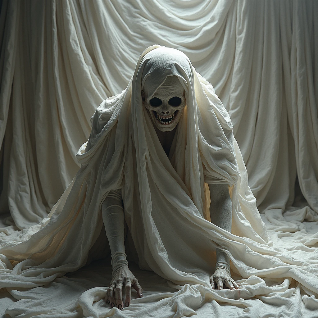 High-resolution photo of a ghost on the sheet crawling on all fours