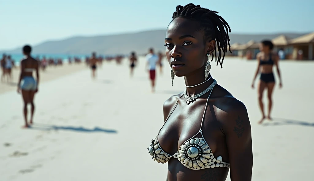 Make one with black skin and freckles that look like stars, she has white hair and bangs, she is on the beach wearing an embroidered bikini, high resolution, gray eyes,