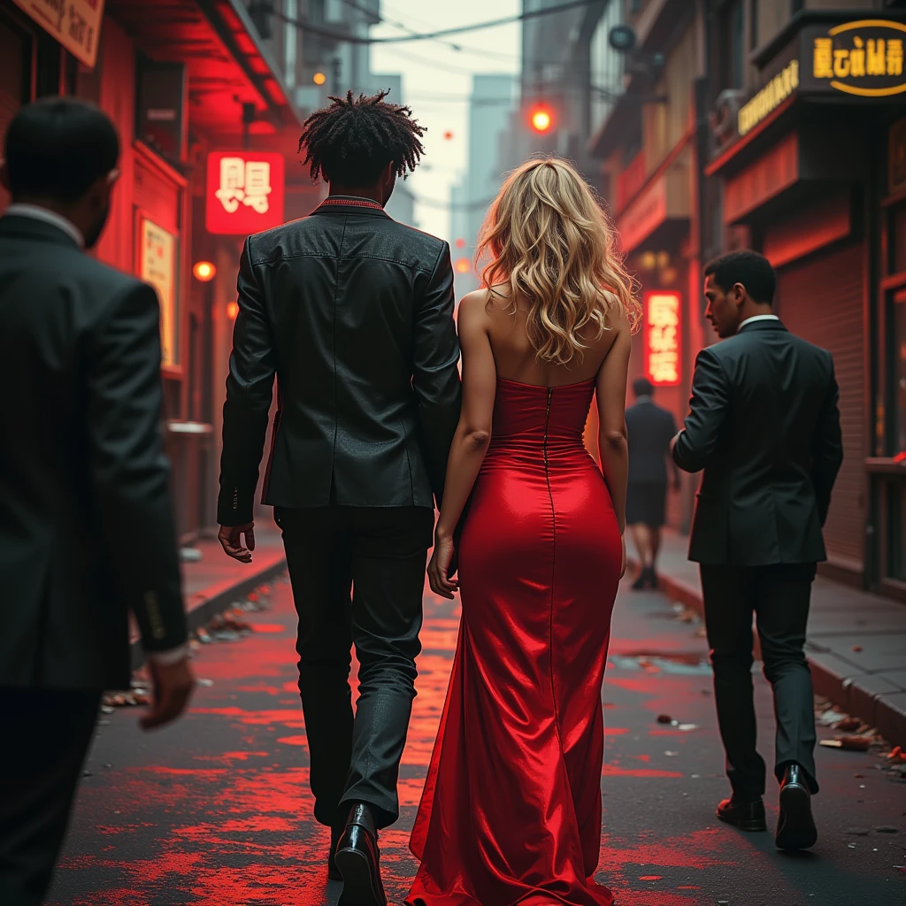 A background of a dark street with bullets and red rose petals on the ground, The girl is between the two men who are almost two meters tall., The girl has a sexy red dress and the men are wearing tailored black suits.  One of the men has long platinum blonde hair, Men are 35 to 3