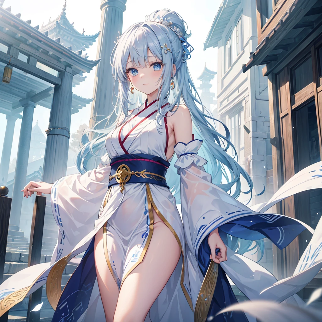 27 year old young man, Oriental clothing for 2040, female, long silver hair, deep blue eyes, Pale, soft skin, Silk robe draped over shoulders