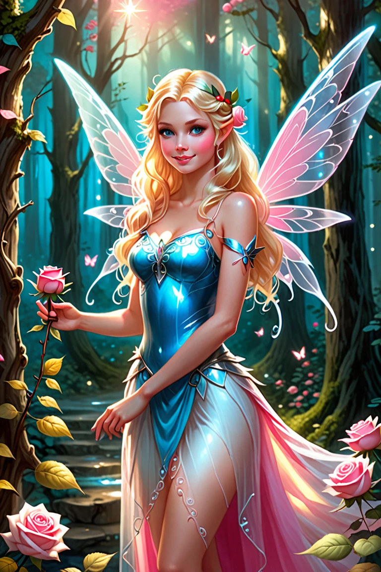 a picture of a jungle fairy, an extraordinary beautiful, elegant beauty, divine beautiful fairy, spread butterfly wings, colorful wings, pink eyes, glowing eyes, blond hair, rich hair, wavy hair, glamour dress, wild dress, dress decorated with jungle flowers,  sitting on massive heliconia tree the rain forest, sun rays coming through the trees, Hyperrealism style, vibrant, Ultra-high resolution, High Contrast, (masterpiece:1.5), highest quality, Best aesthetics), best details, best quality, highres, ultra wide angle, 16k, [ultra detailed], masterpiece, best quality, (extremely detailed) RAW, Cinematic Hollywood Film style, FairyTaleAI, fairy wings,