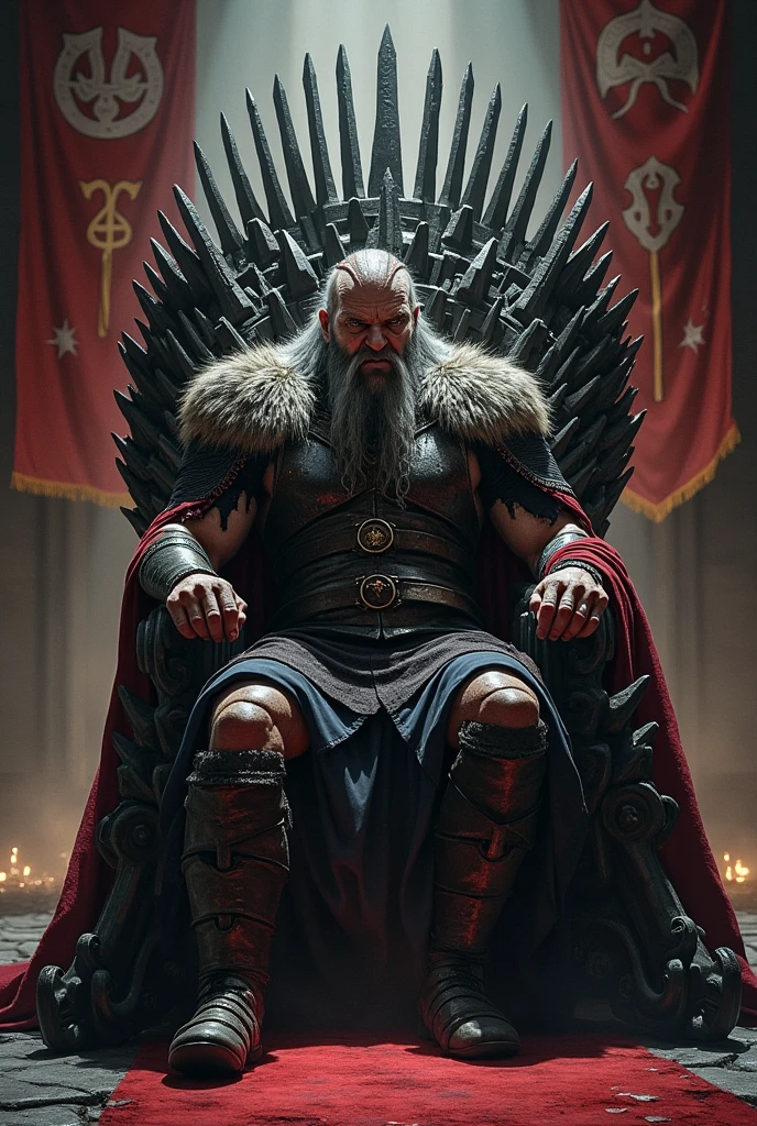 (best quality,4K,highres,masterpiece:1.2),ultra-detailed,dark fantasy,medieval,, 1 white male bodybuilder with bald head and black beard, and a queen,dressed in black armor covered in darkness,sitting on a large,single throne made from a gigantic mystical tree,ominous atmosphere,regal,menacing aura,golden accents,ornate carvings,torch-lit background,haunting shadows,intense stare,commanding presence,formidable warriors,sharp,pointy spiked armor,elaborate helmets,gleaming swords,crown adorned with precious gems,enchanted forest surrounding the throne,mystical energy pulsating,ominous mist,menacing ravens perched on branches,thick tree roots intertwining,crimson leaves falling in the background,dark crimson sky,shrouded in mystery and power.