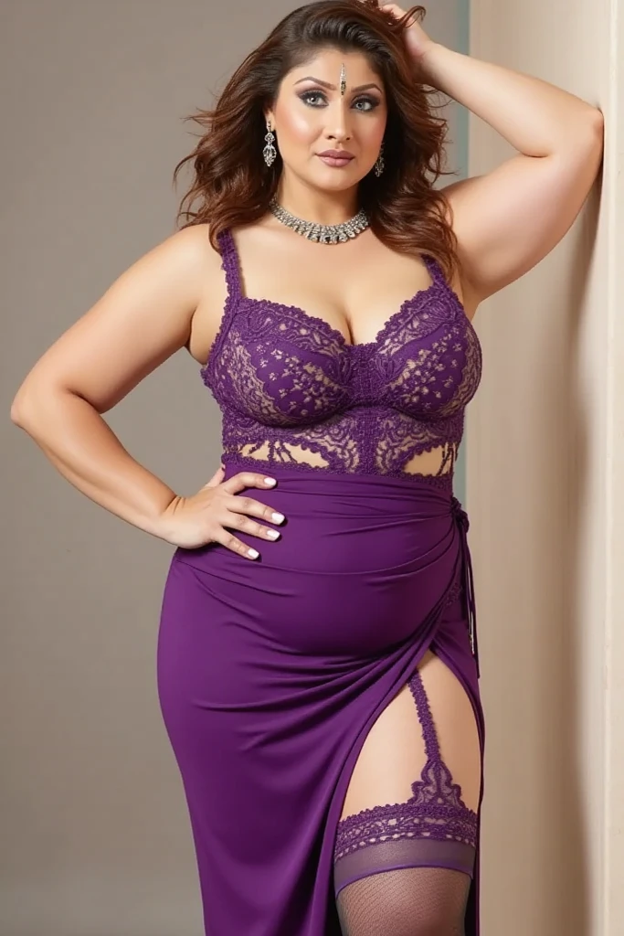 (best quality, ultra-detailed, realistic:1.37),portrait,voluptuous woman,flower,tight dress, purple lingerie, passionate look,large buttocks,vibrant colors,soft lighting, standing, full body view, extreme tall, long legs, very tall, tall, big breast, big tigh, juicy breast, big woman, very curvy woman