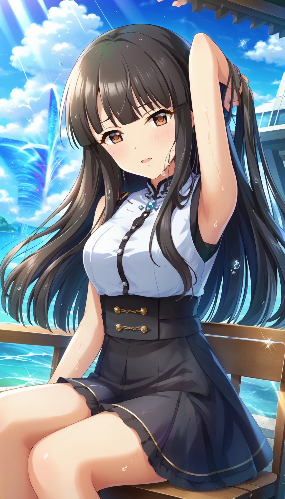 Kurokawa Chiaki 、white sleeveless shirt、black skirt、rain、wet body、arm up pose、sit on a chair、Slim and beautiful thighs、Outdoors、 orbital space、 is embarrassing、 black hair、long hair、 Ulchan-6500-v1.1, ( RAW photos :1.2),  beautiful detailed , very detailedな目 美しい目, beautiful eyes、Brown Eyes 、 file size is large, high resolution, very detailed, top quality, [masterpiece:1.6], Awareness-raising, very detailed, CG, finely, top quality, 8K wallpaper,  Perfect Body 、dynamic、very detailed